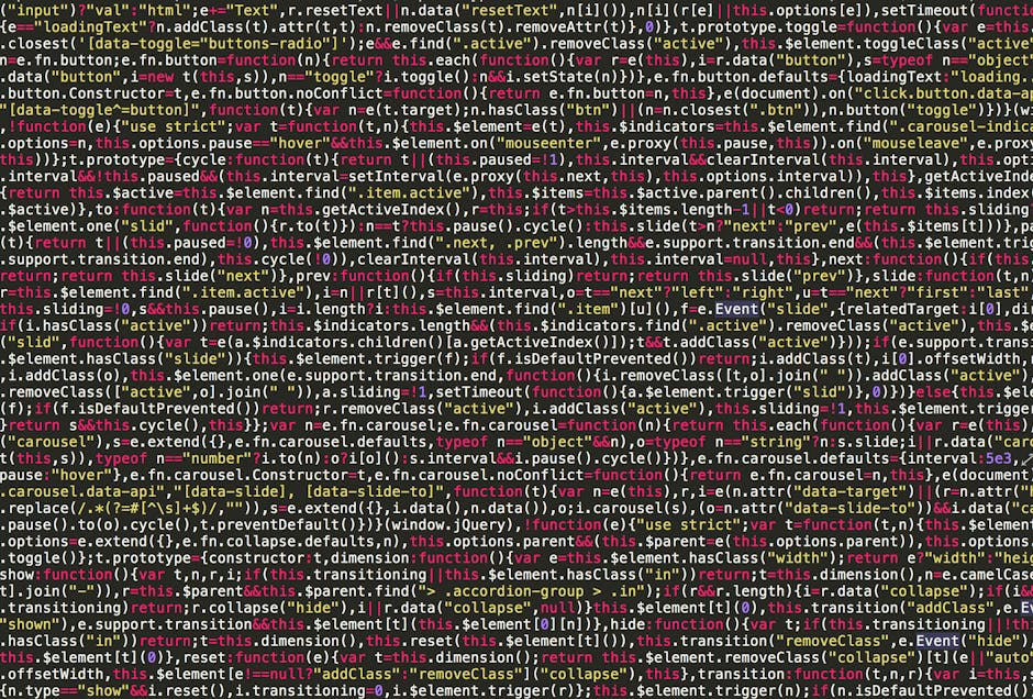 A close-up view of a computer screen displaying lines of colorful code with HTML, CSS, and JavaScript syntax. The code is organized into blocks with different colors indicating various functions, vari